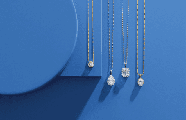 Motek Jewelry solitaire, pear, and emerald-cut diamond pendant necklaces in yellow gold