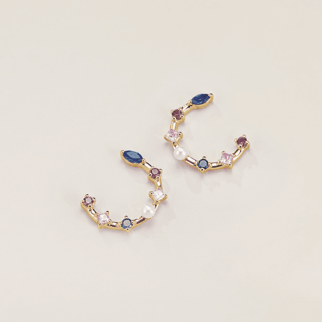 Motek Jewelry gold open hoop earrings with sapphire, emerald, ruby gemstones, and pearls