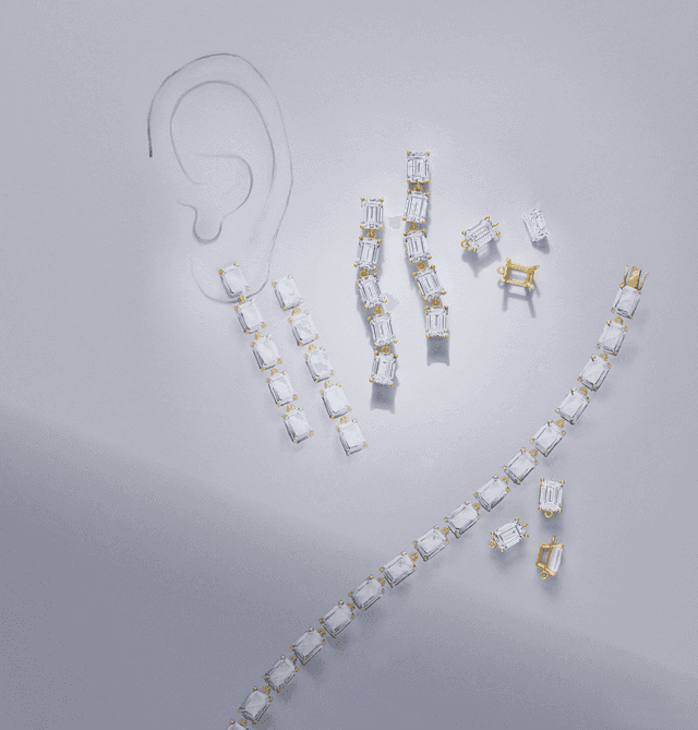 Motek Jewelry emerald-cut diamond drop earrings, stud earrings, and matching tennis necklace, available on himish.com.