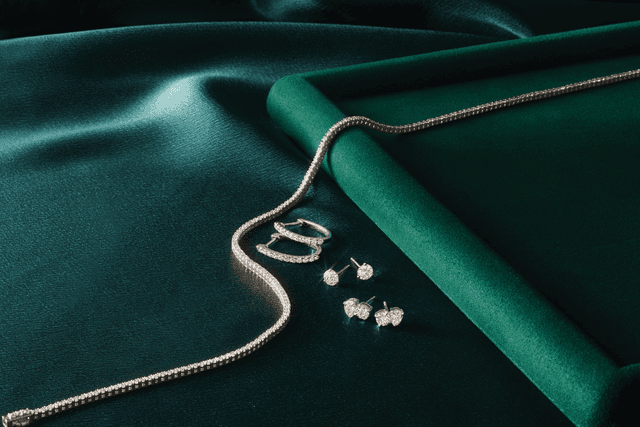Motek Jewelry diamond tennis necklace, hoop earrings, and stud earrings arranged on an emerald green velvet jewelry tray.