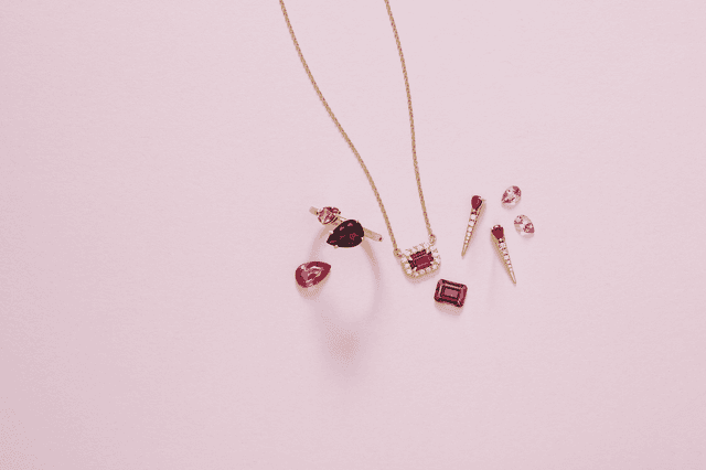 Motek Jewelry fine ruby and pink tourmaline necklace, rings, and loose fancy cut gemstones.